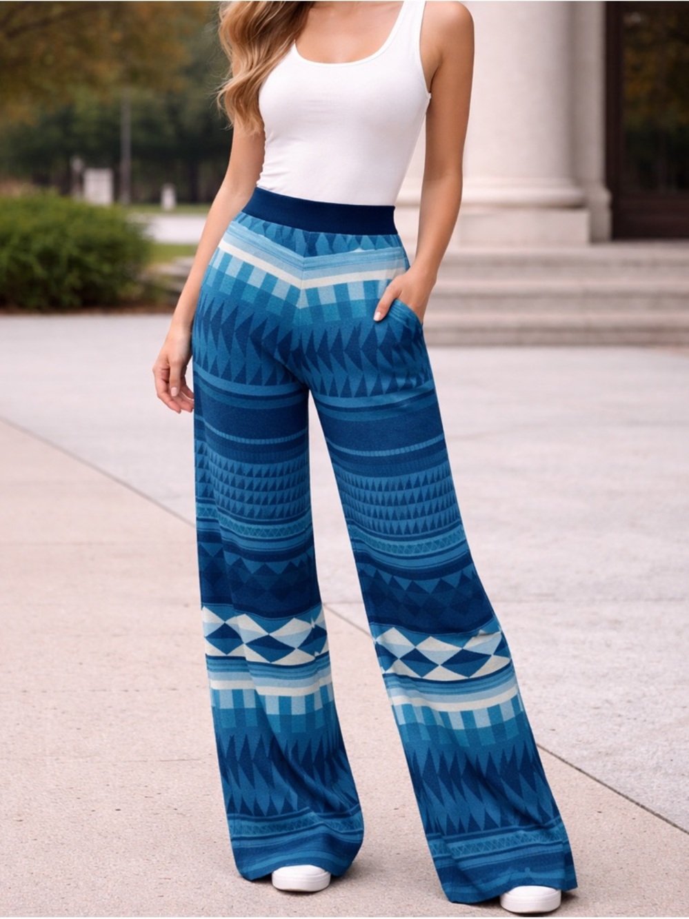 Stella Jean Blue Geometric Patterned High Rise Wide Leg Wool Knit Pants size 38
